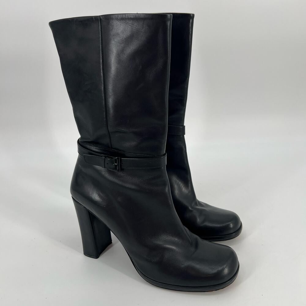 Via Spiga Mid Calf High Heeled Boots Y2K Women 10 Black Leather Square Toe Italy